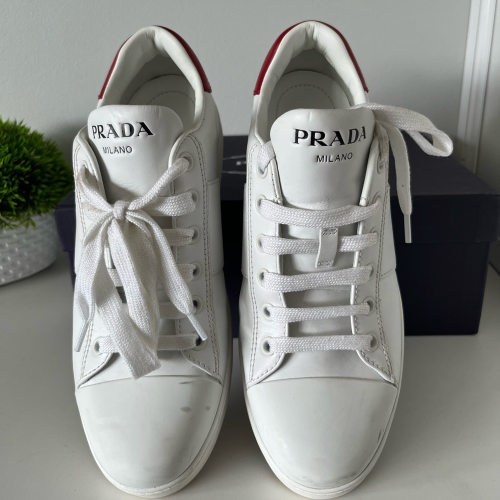 Authentic Prada Calzature Donna Sneakers Blanco Rosso 37 US 7